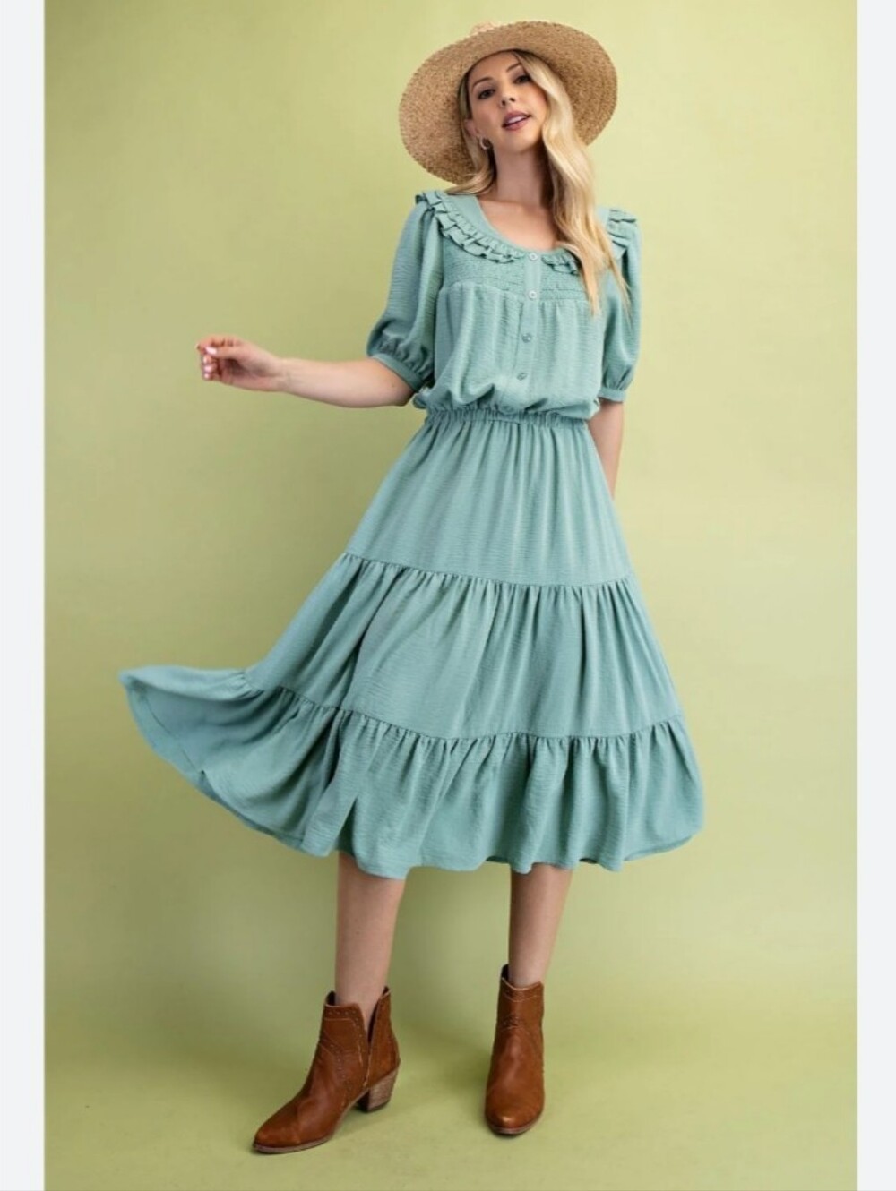 Gigio USA green tiered midi dress with a smocked waist